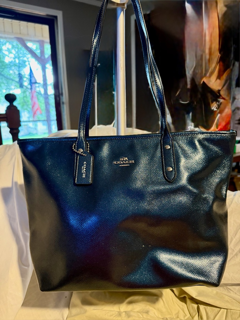 #Y2k Iridescent Blue-Black Coach City Zip-Top Tote